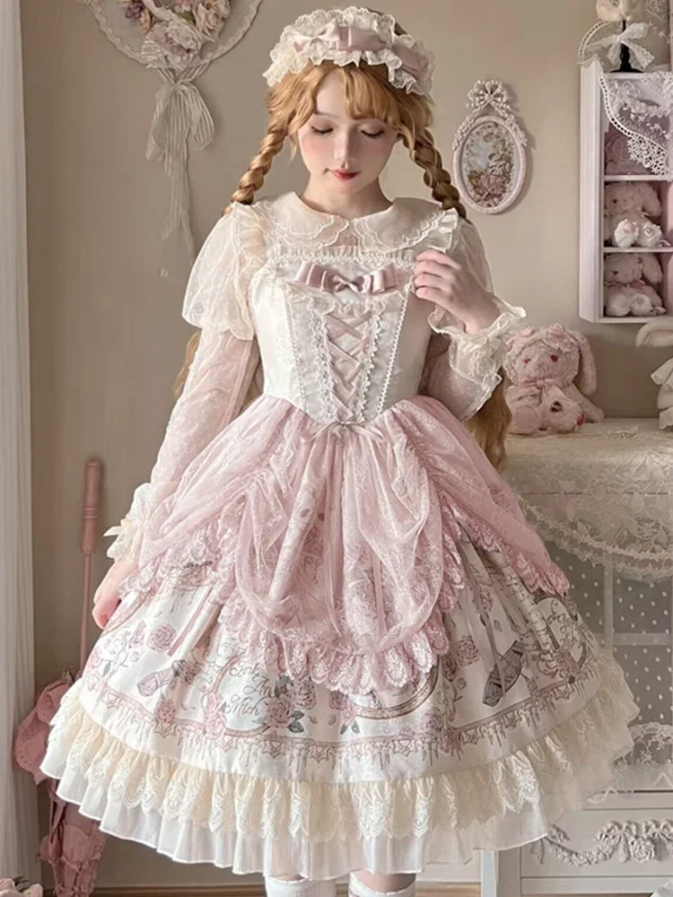 Original Retro Elegant Pink Princess Dress Women French Vintage Court Style Tea Party Lolita Dress Jsk Long Sleeve Inside Shirt