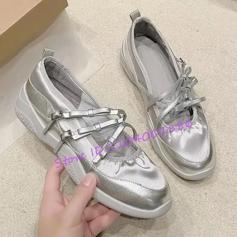 

Silver Mary Jane Shoes Women's Sneakers Bowknot Cross Strap Belt Buckle Elevator Shoes Summer Elegant Soft Leather Casual Shoes
