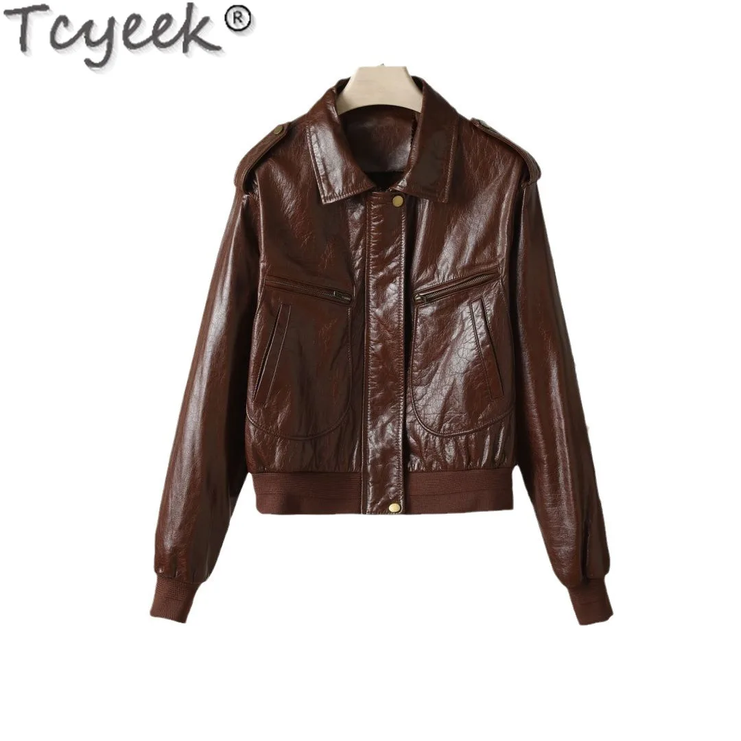 Tcyeek-女性用本革ジャケット,シープスキンコート,ストリートウェア,オートバイジャケット,ショートスタイル,オイルワックス,秋
