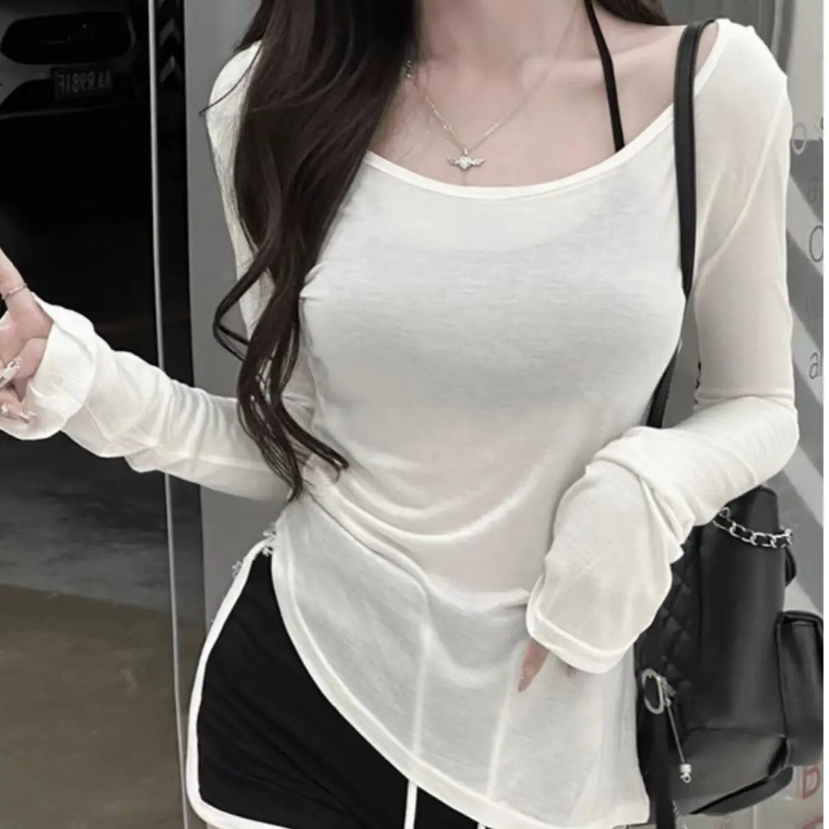 Sexy Shoulder T-Shirt Long Sleeve Women's UV Protection Loose Fit White Top See-through Initial Autumn Irregular Casual Ladie...