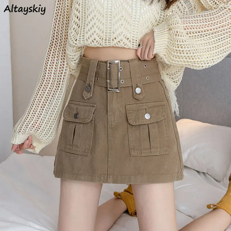 

Denim Skirts Women Summer College Vintage Safari Style Mini A-line Streetwear High Waist Daily Chic BF Solid 2023 New Arrival