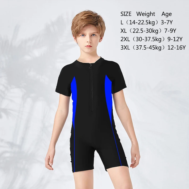 Children's One-piece Swimsuit Boy Girl Sunscreen Zipper Swimwear Color Matching Short Sleeve Shorty Swimming Suit