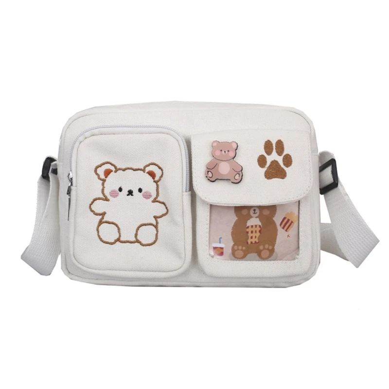 Trendy Teen Girls Crossbody Bag with Bear Embroidery Fashionable Canvas