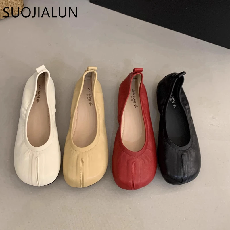 

SUOJIALUN 2025 Autumn New Women Flat Shoes Fashion Round Toe Shallow Slip On Ladies Casual Single Shoes Soft Flat Heel Ballerina