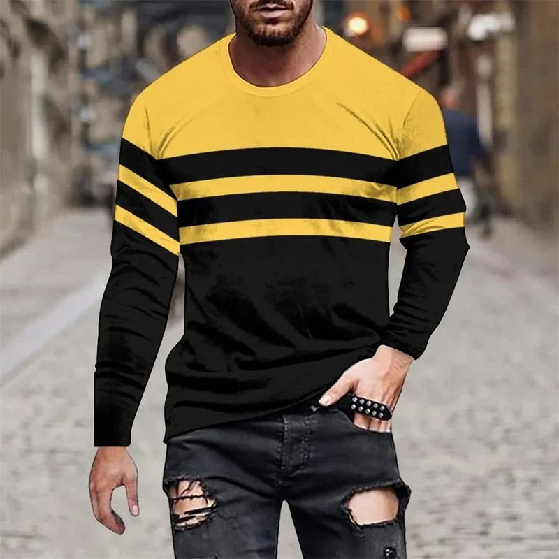 

Striped Splicing 3D Print Autumn Men O-Neck T-shirt Fashion Long Sleeve Oversized T Shirts Fashion Tops Trend Men Clothing