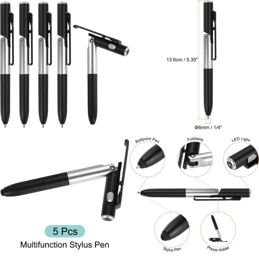 

MECCANIXITY 5pcs Multifunction Stylus Pen Capacitive Ballpoint Pens with LED Light Foldable Phone Holder Stand for Writing in t