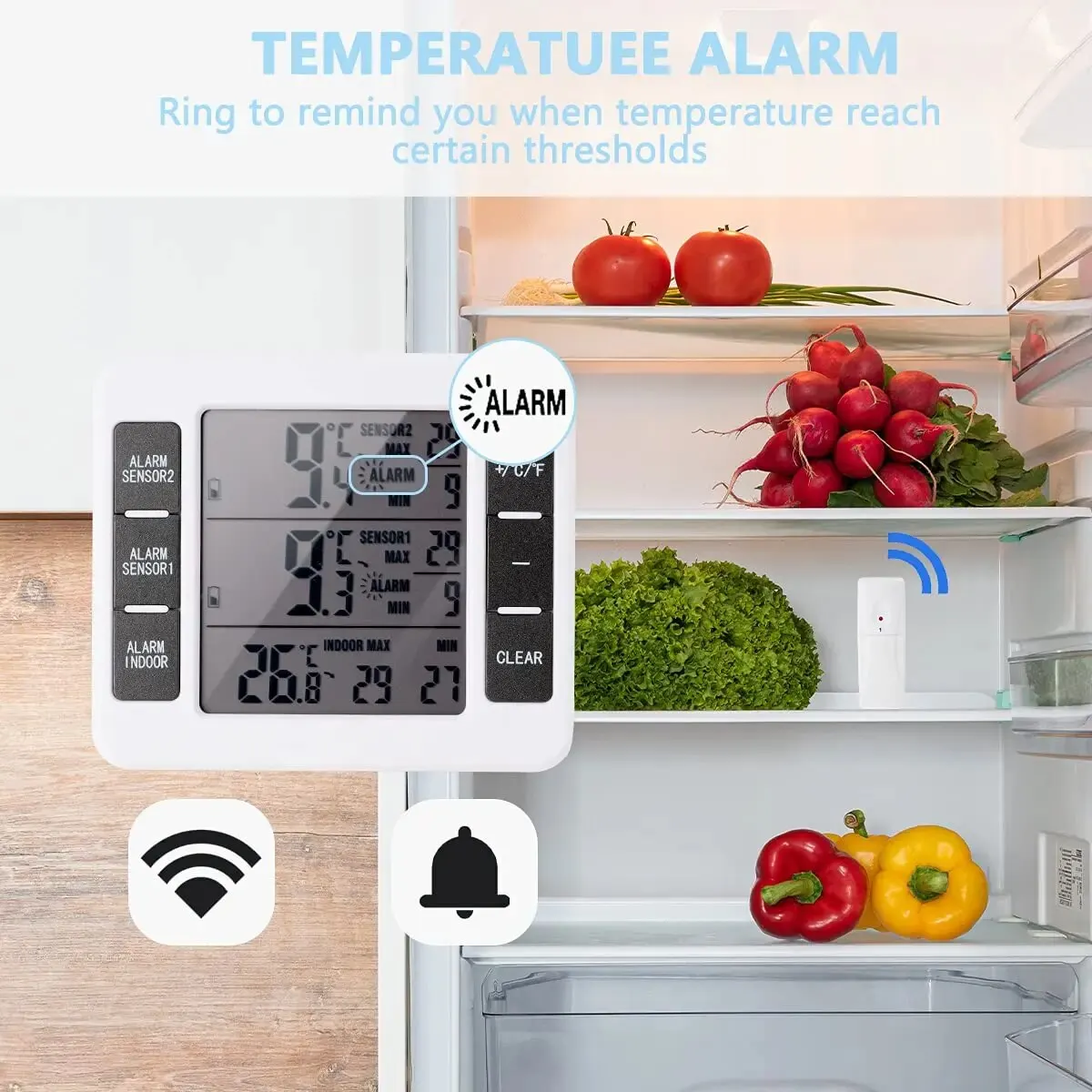 Fridge Thermometer Freezer LCD Digital Audible Alarm Refrigerator Meter with 2 Temperature Sensor Min/Max Display Indoor Outdoor