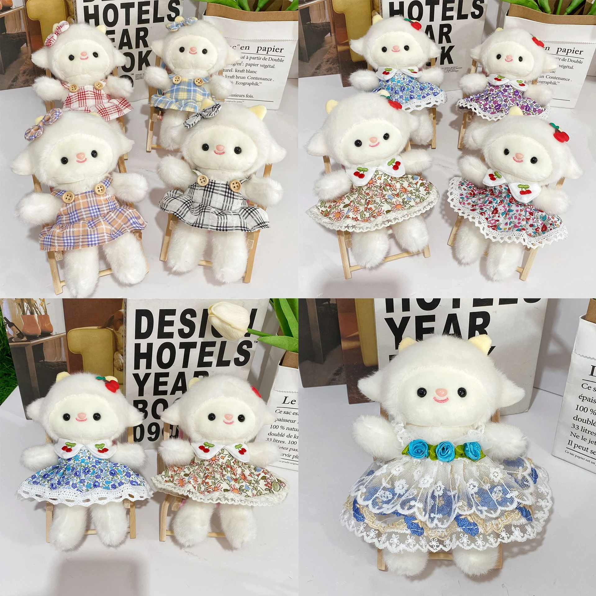 Plush Lamb Keychain Cute Soft Fluffy with Plaid Dress Bow Decor Car Rearview Mirror Pendant for Drivers Gift