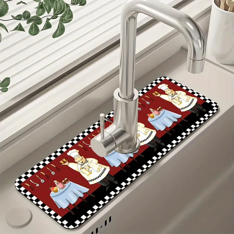 VIKAMA Cartoon Chef Faucet Mat Absorbent Black White Checkered Red Background Chef Waiter Sink Splash Pad Kitchen Mat Home Decor
