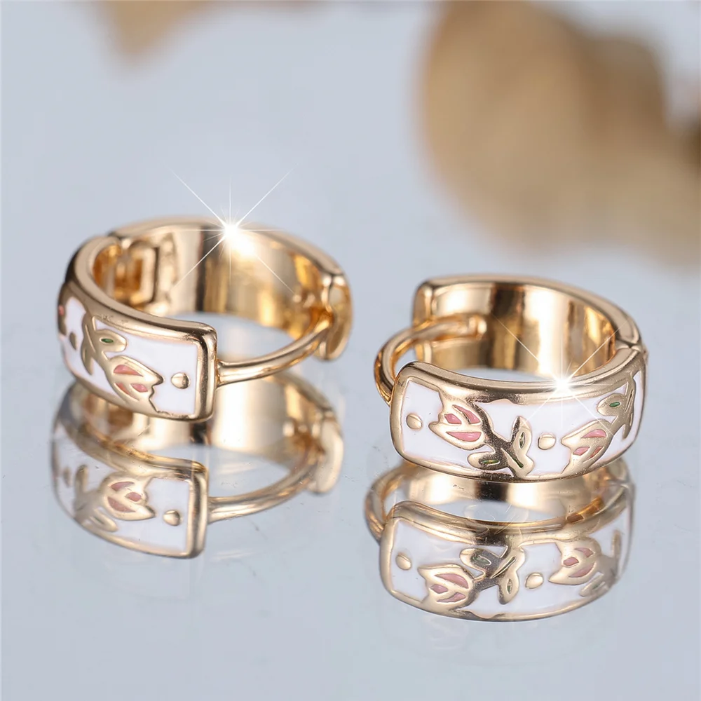 Cute Female Pink Enamel Flower Hoop Earrings Fashion Gold Color Wedding Jewelry For Women