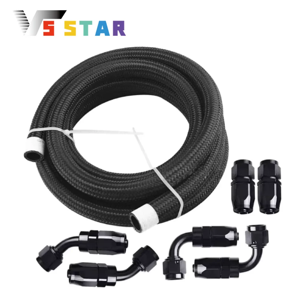 

High Quality 20FT Stainless Steel Nylon Braided Fuel Line AN4 AN10 Oil Gas Fuel Hose End 6pcs Fittings Kit Black TF-1014