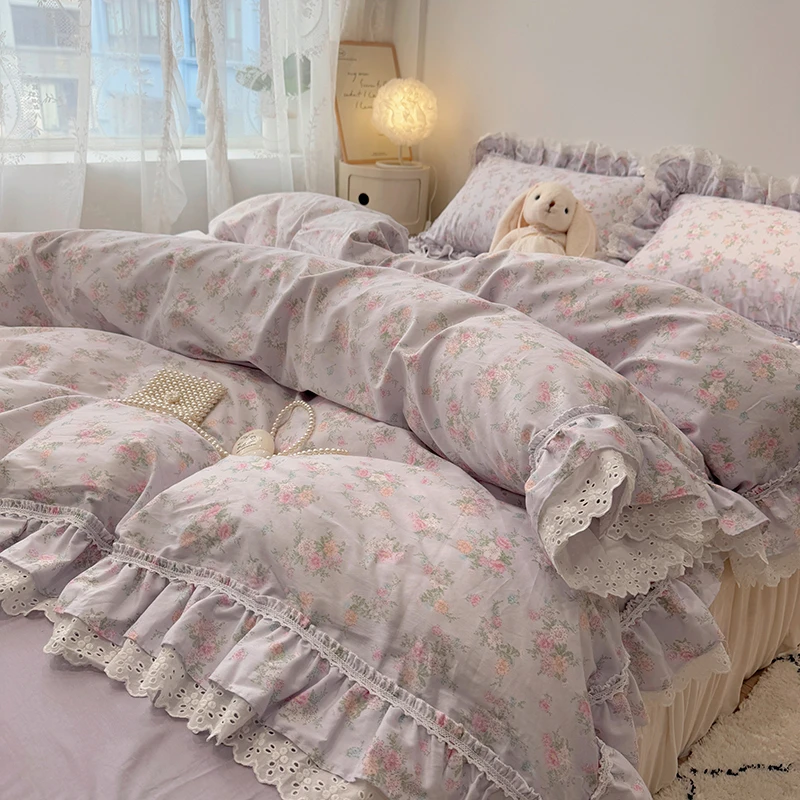 100% Cotton Korean Princess Style Flower Lace Ruffles Bedding Set Duvet Cover Bed Sheet/Fitted Sheet/Bed Skirt Pillowcase 3/4Pcs