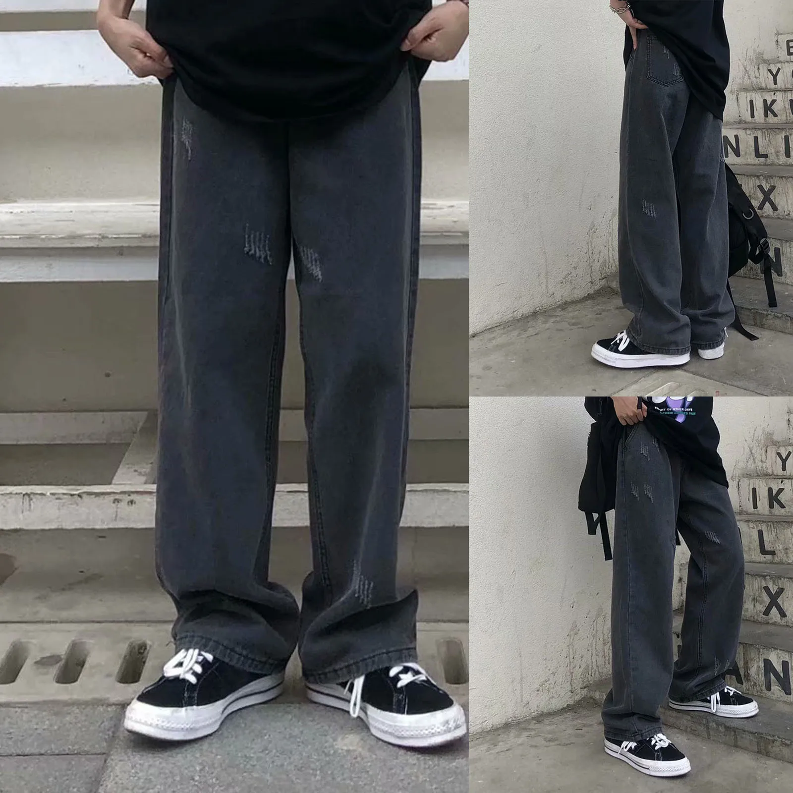 American Style Vintage Washing Distressed Jeans Men's Trendy Loose Straight-leg Wide-leg Casual Trousers New Autumn Item