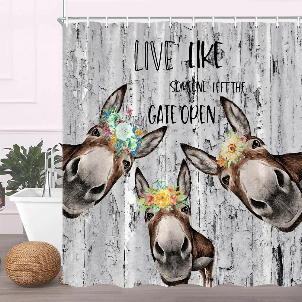 Donkey Shower Curtain Cute Funny Farmhouse Animals Rustic Sunflower Floral on Country Wooden Board Fabric Decor Bathroom Curtain