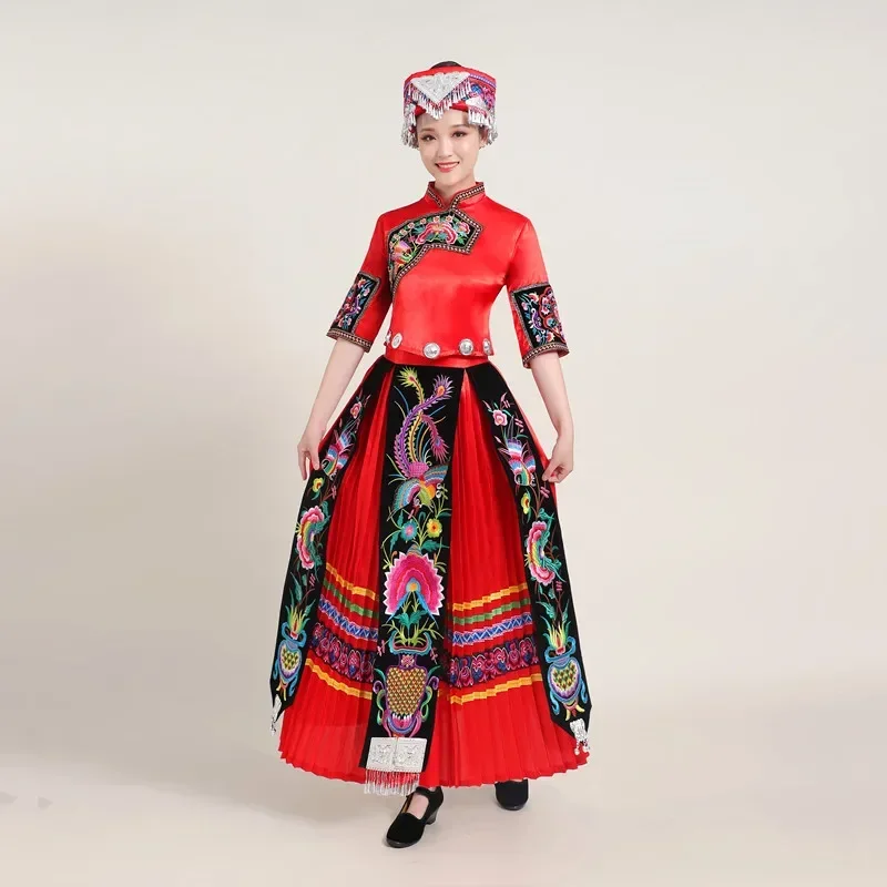 Ropa tradicional para mujer, traje de actuación de baile Dongxiang Hezhe Menba Jinuo, conjunto de tres piezas