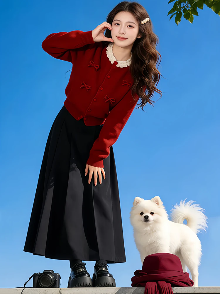 

Loose Knitted Cardigan Sweater Women's Spring Faion Knot Design Comfortable Fit Red Color New Year's Top
