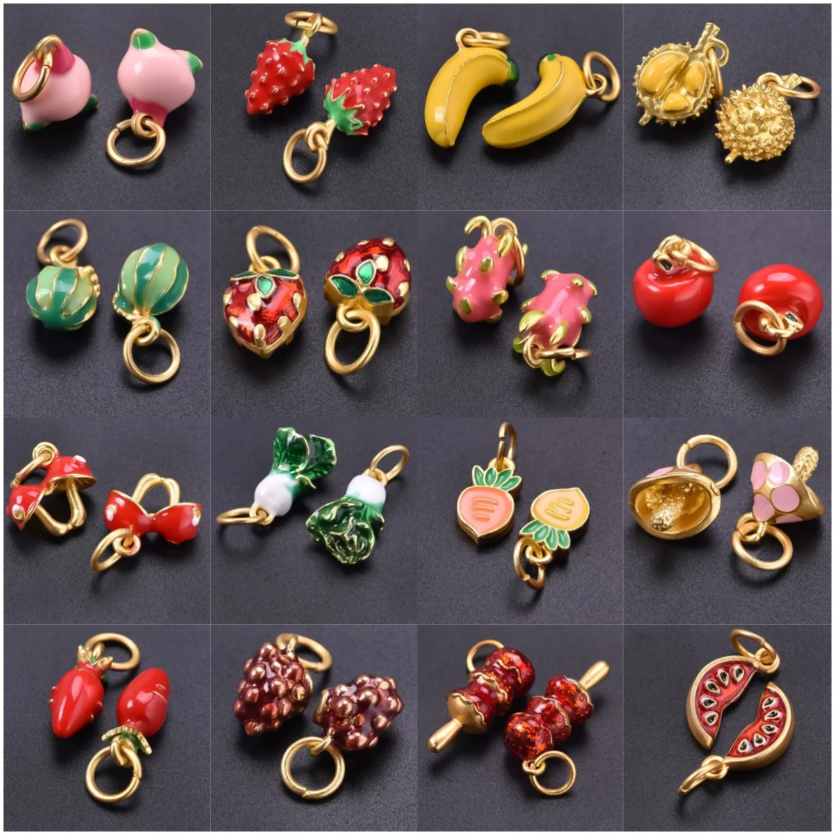 10/16pcs Fashion 3D Simulate Fruit Vegetables Pendant Alloy Peach Pitaya Mushroom Cabbage Lovable Cartoon Charms Diy Connector