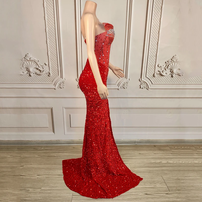 Red Sequins Rhinestones Celebrate Dress Women Singer Party Trailing Dresses Wedding Evening Gown Stage Catwalk Costume XS9530