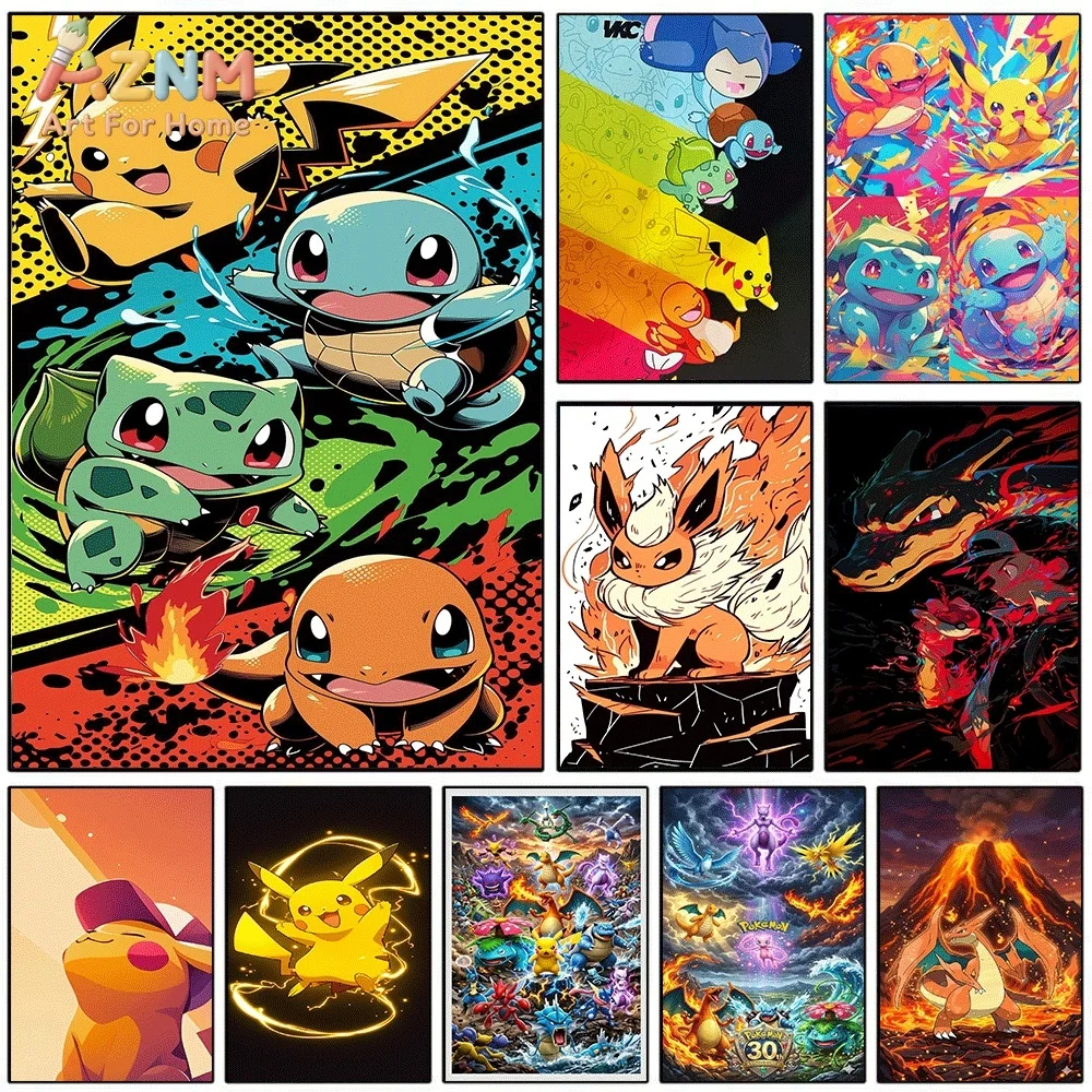 AZNM Pokemon Starters Pop Splash Art Canvas Wall Print, Vibrant Anime Monster Character Art Poster, Unframed Canvas Painting f