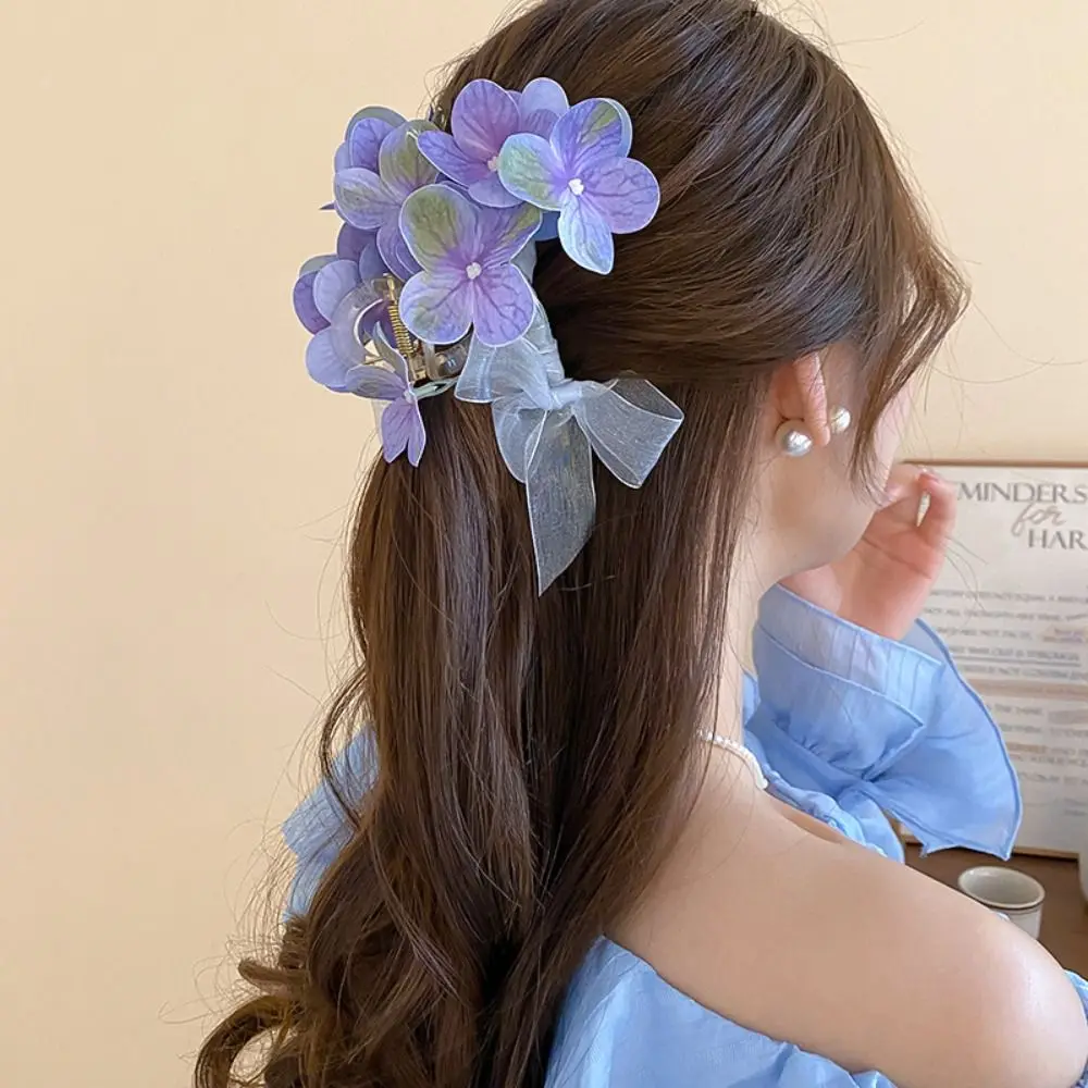 Cloth Flower Hair Claw Simulated Flower Mesh Bow Sweet Hair Catches Ponytail Holder Headdress Korean Style Hair Crab Clip Women