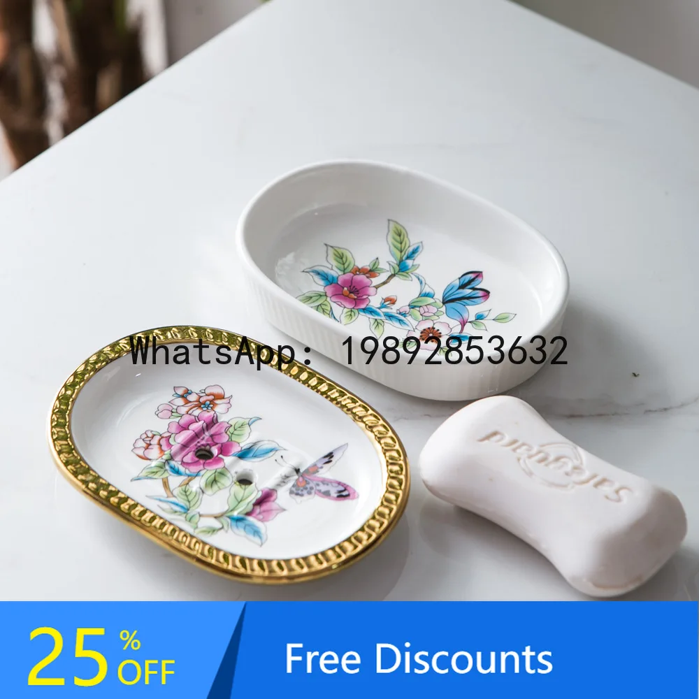 

YFY Light Luxury Ceramic Soap Dish Double Layer Draining Box Bathroom Soap Holder American Style Gold Edge