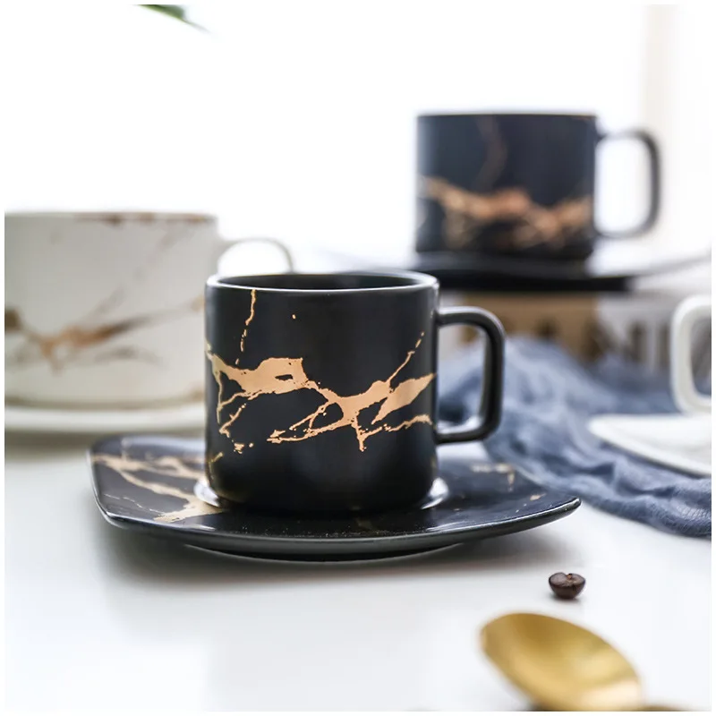 Marbling Matte Gold Products Series Japanese Style Black And White Cup And Saucer Case Tea Cup Glass Coffee Cup