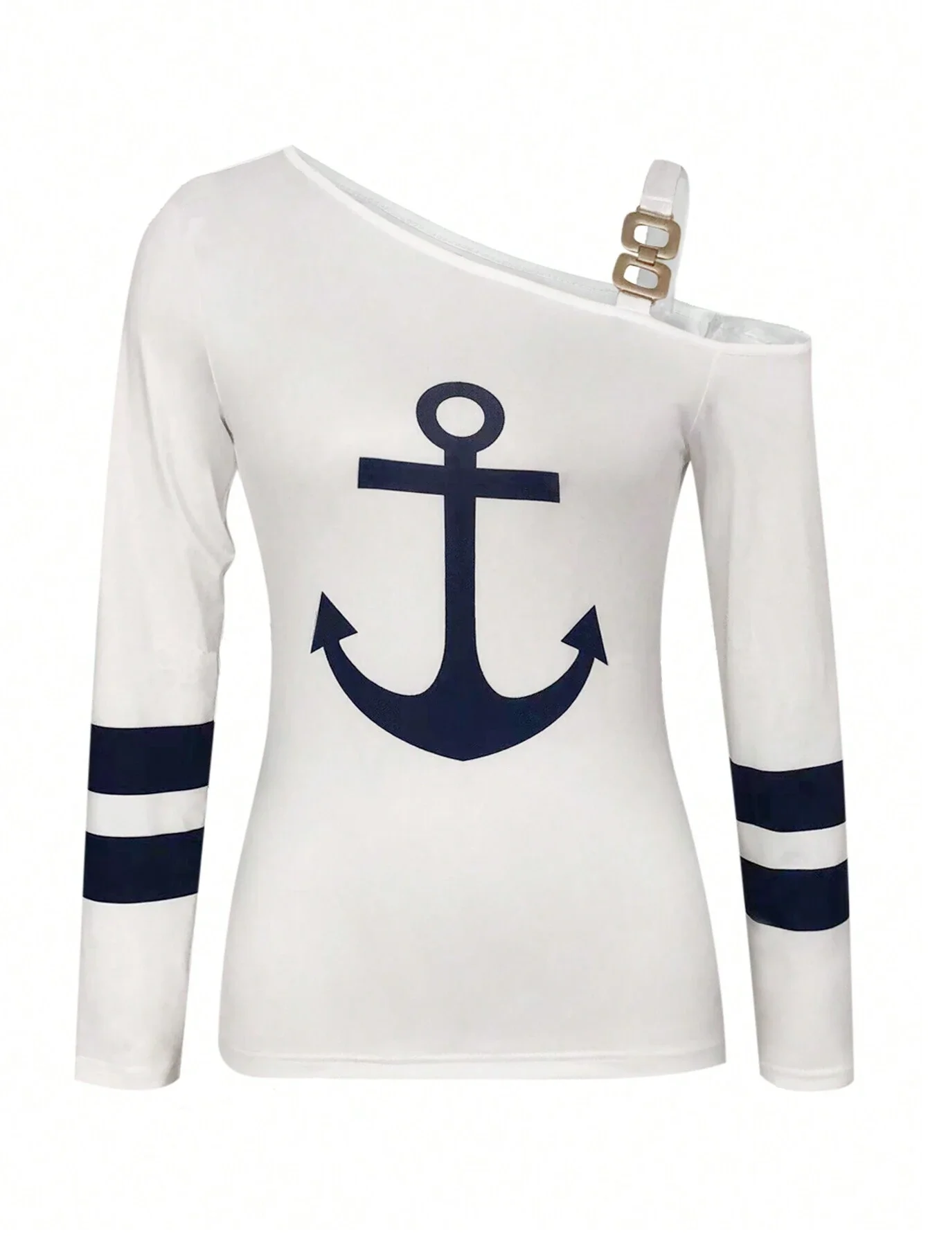 تي شيرت نسائي بياقة غير متماثلة وطباعة مرساة وأكمام طويلة تي شيرت جرافيك تي شيرت نسائي لملابس الربيع