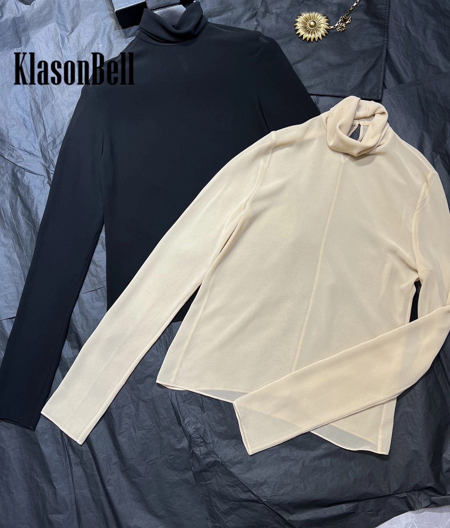 5.17 KlasonBell 2024 New Arrival Spring Summer Sheer Mesh Basics Tee Top Stand Collar All-match Long Sleeve Fit Women T-Shirt