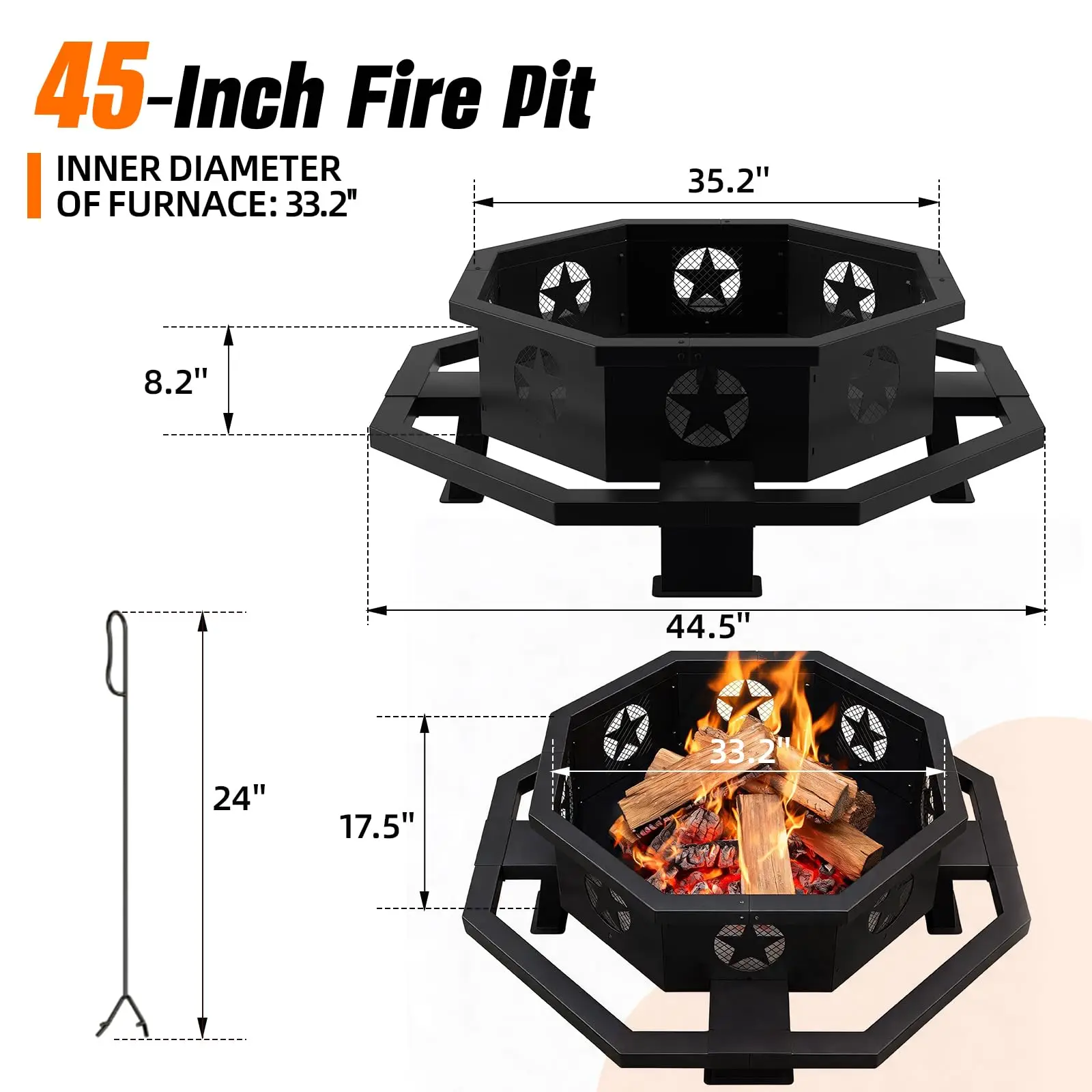 45 Inch Fire Pit for Outside Wood Burning, Outdoor Octagonal Fire Pit with Poker, Large Firepit for Camping, Backyard