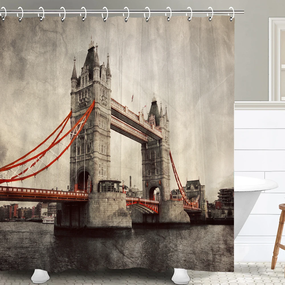 

Retro London Tower Bridge Big Ben Shower Curtain with Hooks - Waterproof Polyester Fabric for Decoration Bathroom Curtain