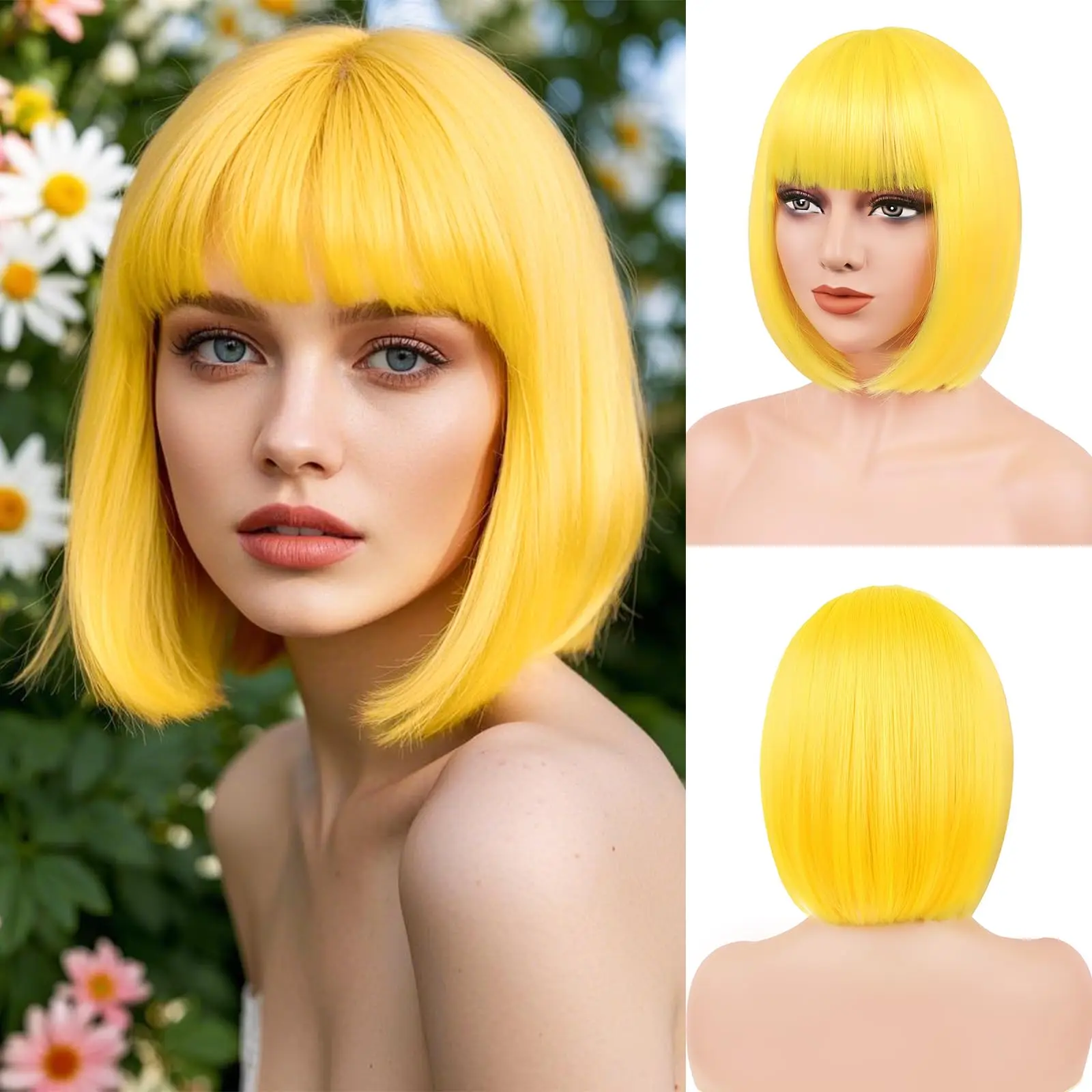 

Yellow bob hairstyle short straight hair synthetic wig for Halloween cosplay wig for daily party hot weather hairpiece