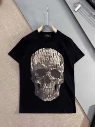 AlexPlein Skulls Rhinestones Diamond Men's Fashion Cloth 2022 Summer Slim Fit Streetwear Crew Neck Short Sleeve Tshirt Chic New