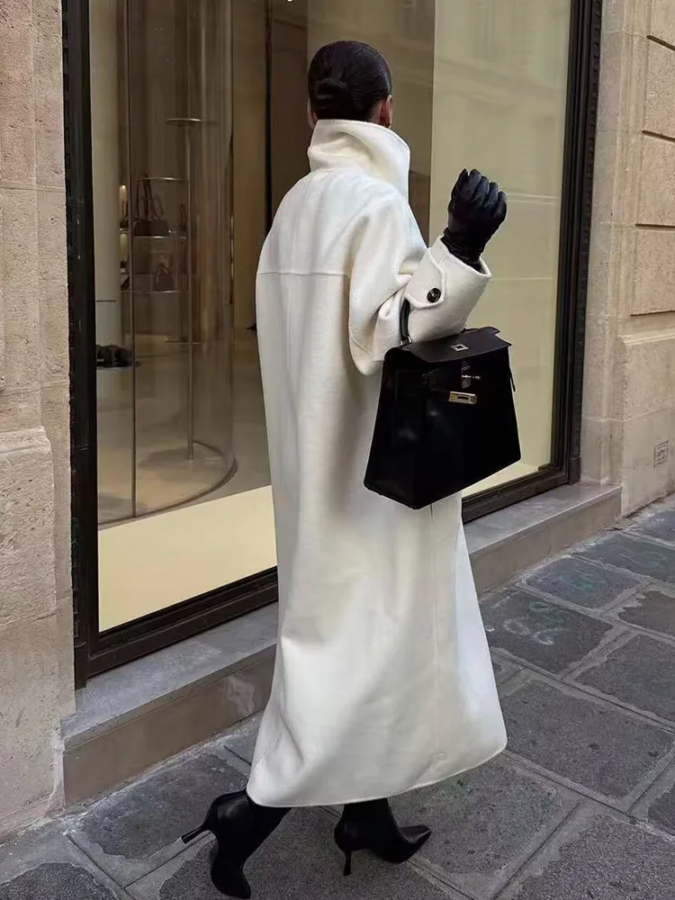 

HH Women's Winter Fashion Chimney Collar Long Woolen Coat Jacket Female Temperament Loose Casual Versatile Single Breasted Coat