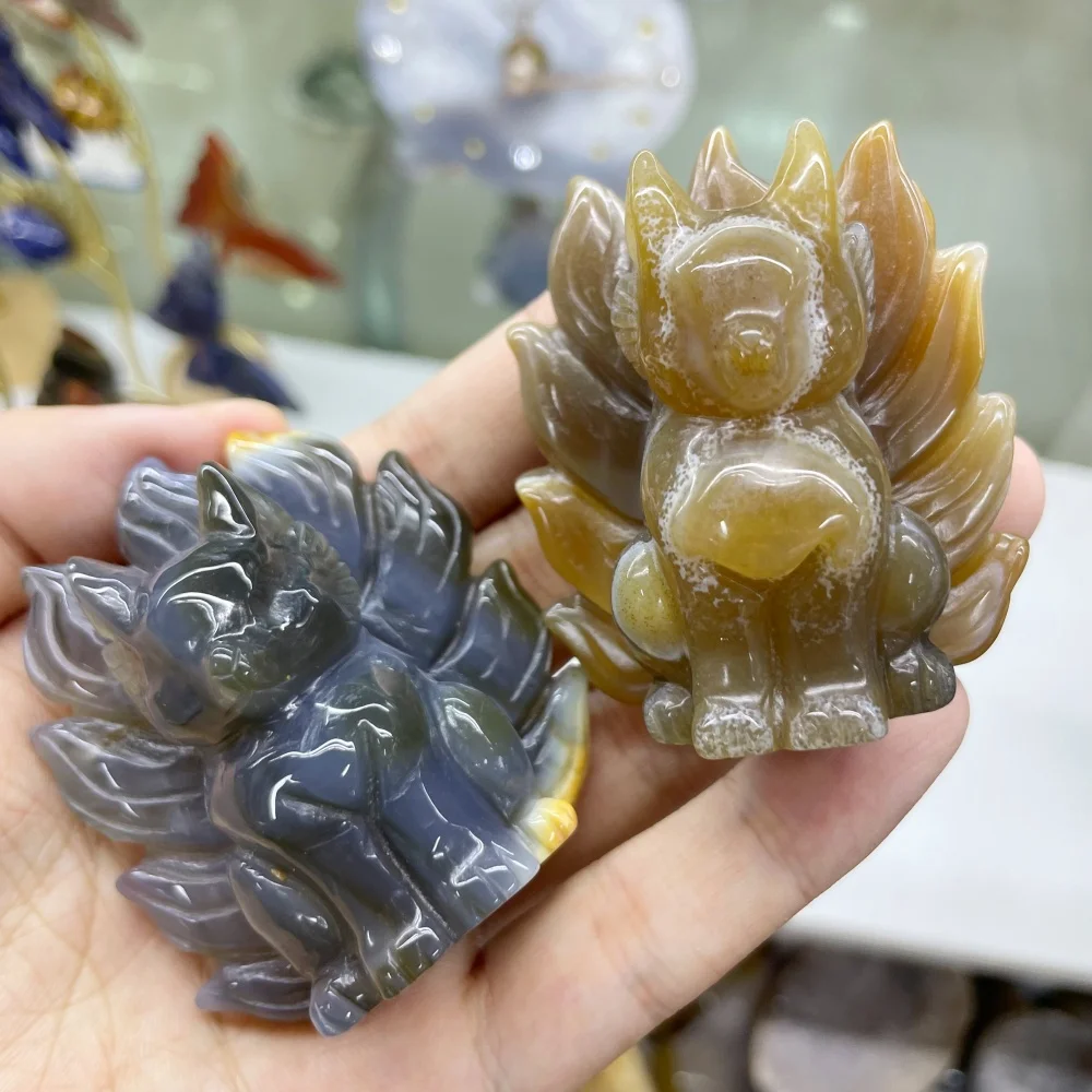 6cm Natural Red Agate Nine‑Tailed Fox Figurine Crystal Fox Statue Mythical Beast Spiritual Altar Decor Collection Gift