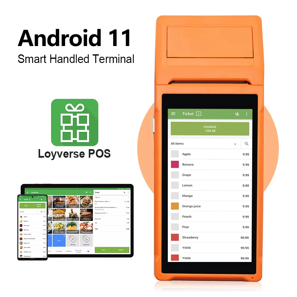 Handheld PDA Android 11 Terminal POS 58 mm Mobile Receipt Bill Thermal Printer 5.5''HD+ Support Wi Fi 1 D/2 D Scanning POS