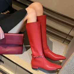 New Solid Color Cowhide 2.5cm Low Heel Knee High Boots Autumn Winter Fashion Warm Plush Red Black Spicy Girl Women Boots 34-43