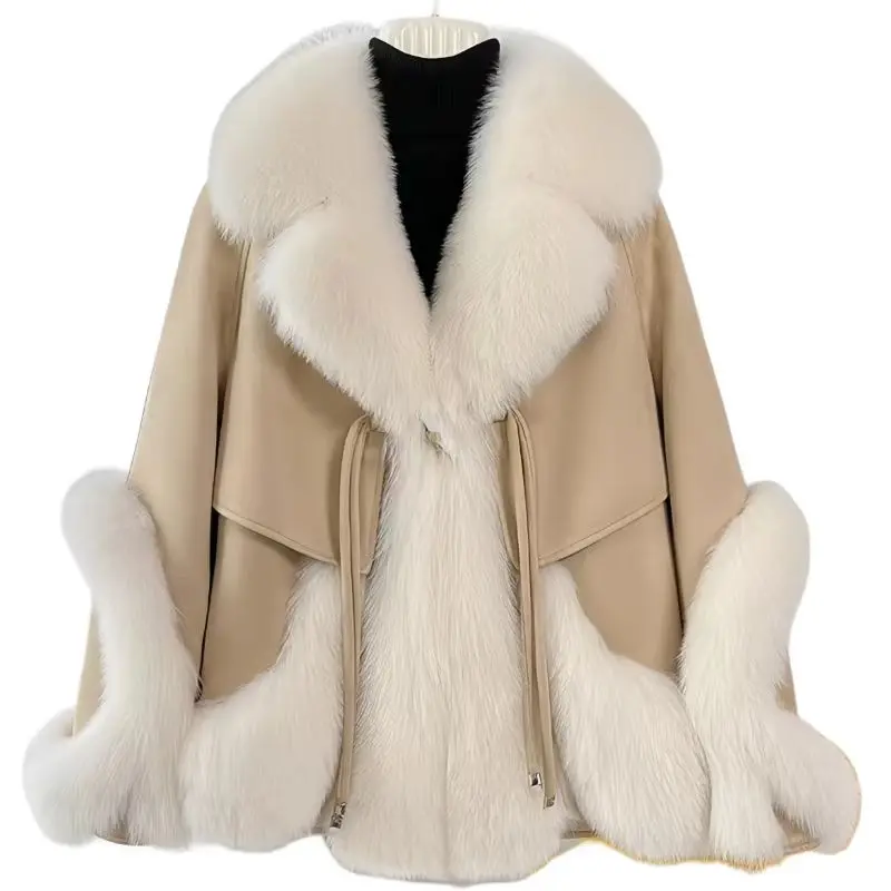 Cappotto in pelliccia sintetica per donna, giacca in pelle con bottoni in corno, collo in pelliccia, vestiti caldi spessi, lacci, alta qualità, autunno e inverno, 2024