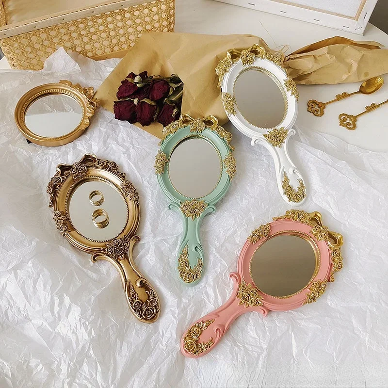 1Pc Rectangle Hand Hold Cosmetic Mirror With Handle Makeup Mirror Cute Creative Wooden Vintage Hand Mirrors Makeup Vanity Mirror