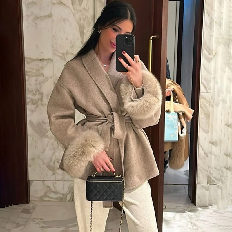 Tornova 2025 New Fox Fur Woolen Coat Women's Short Coat Office Lady Removable Elegant Double-sided Wool Overcoat Cardigan Jacket