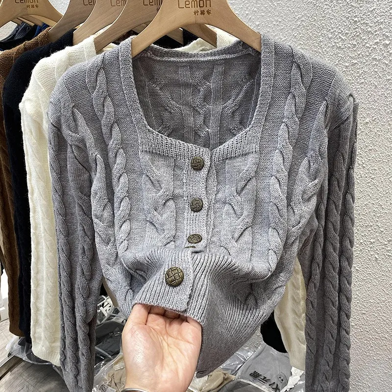 Knitted Cardigan 2023 Women\'s Autumn Winter French Square Collar Retro Bottoming Top Korean Sing-breasted Short Outerwear