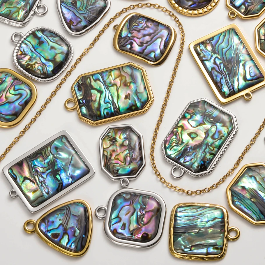 2pcs Big Size Geometric Pendant Round Rectangle Natural Abalone Shell Stainless Steel Charm For Jewelry Making Bulk DIY Material