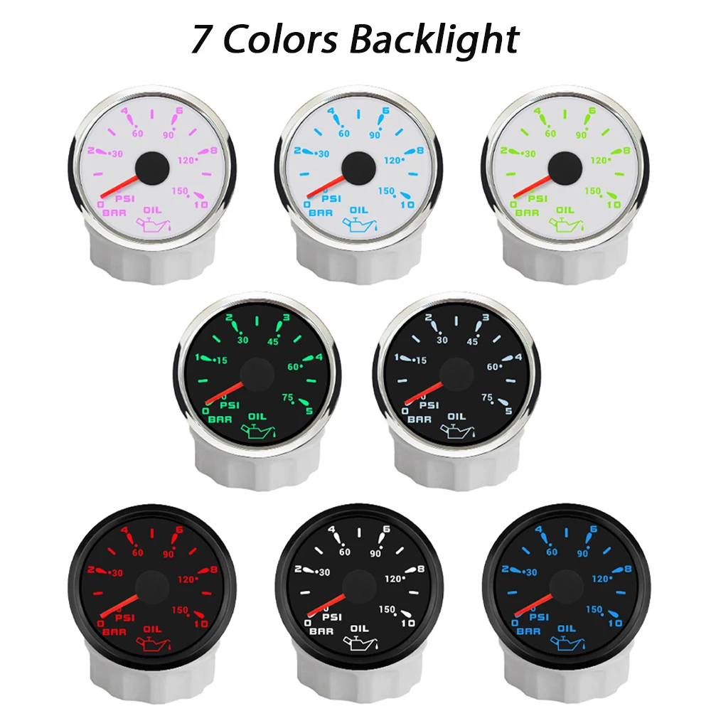 

ELING 52mm Oil Pressure Gauge Meter 0-5Bar 0-75Psi 0-10Bar 0-150Psi with 7 Colors Backlight for Car Limousine Truck Boats