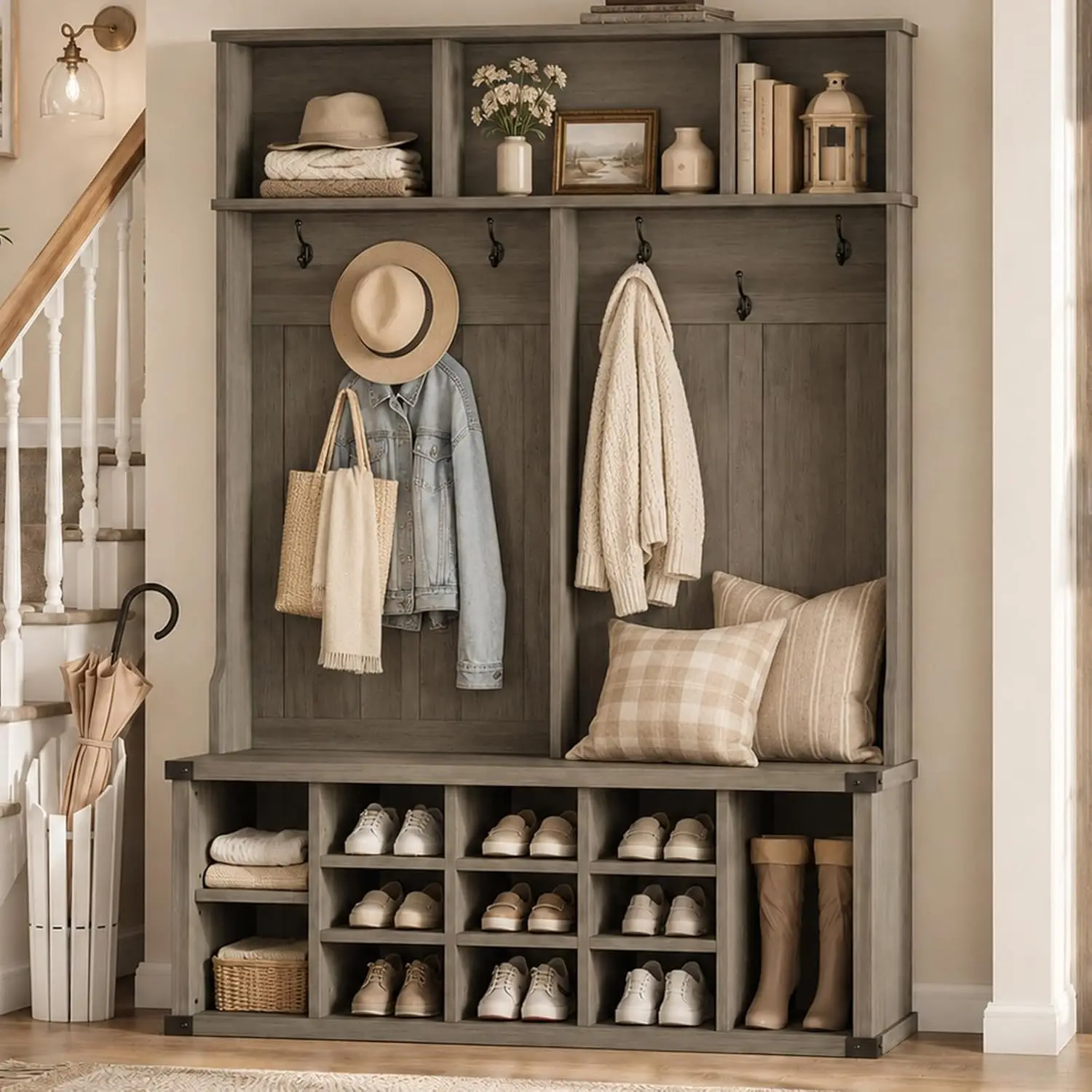 Large Farmhouse Entryway Hall Tree Bench Coat Rack With Shoe Storage Cubbies, Multi Hook Mudroom Organizer Tower With Adjustable Shelves, Rustic Gray, 1 Pack