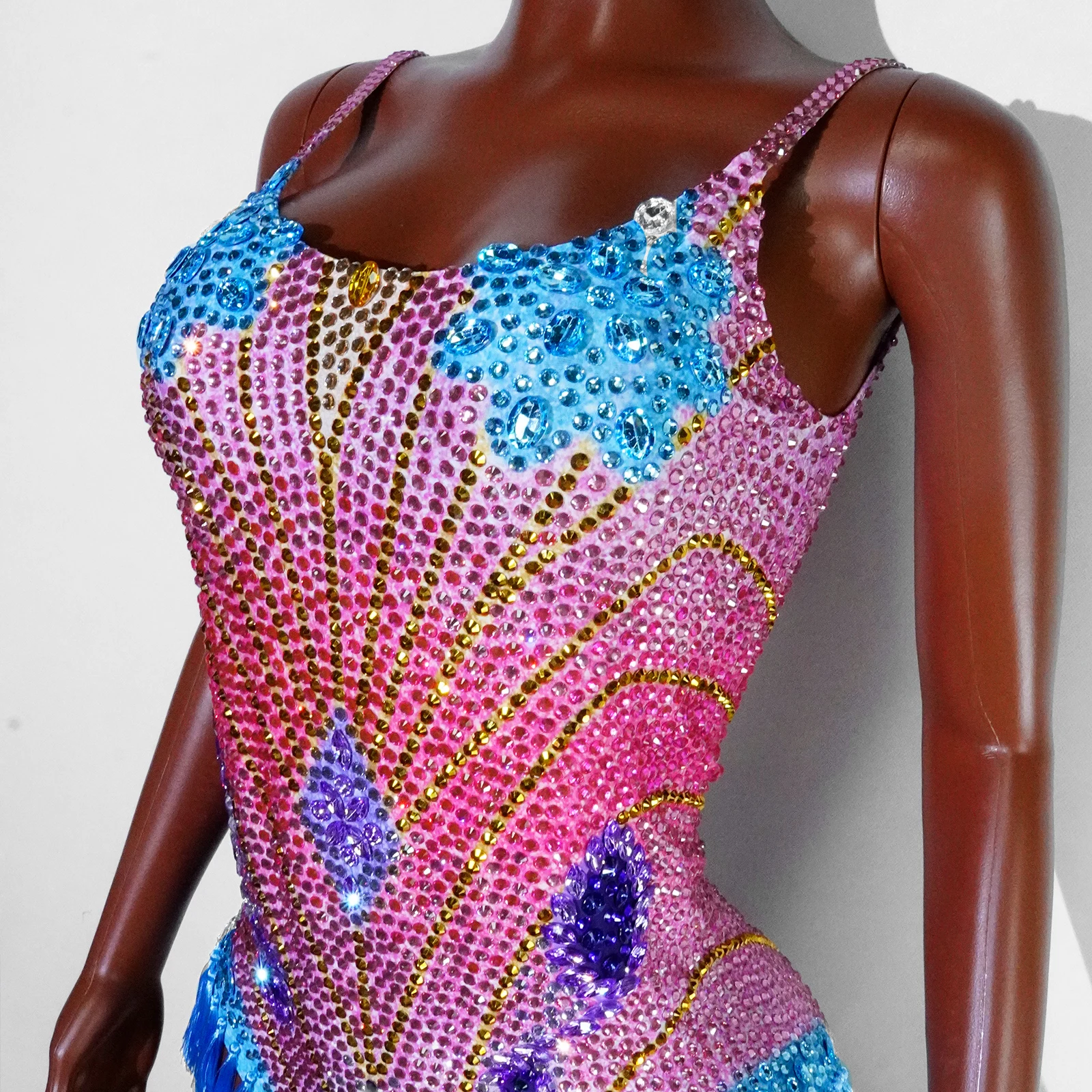 반짝 이는 라인 석 Tassel Strip Bodysuit 여성 섹시한 쇼 공연 댄스 의상 나이트 클럽 복장 가수 댄서 무대 착용