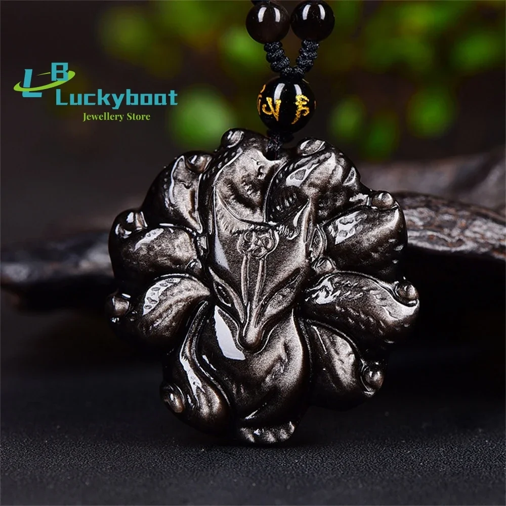 

Natural Silver Glutinous Stone Obsidian Nine-tailed Fox Necklace Men And Women Peach Blossom Couple Crystal Pendant