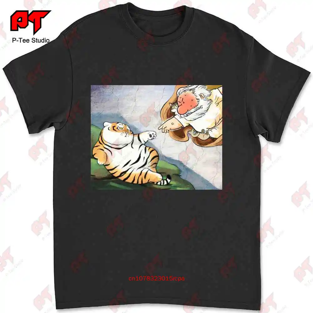 Fat Tiger Parody The Creation Of Adam Fresco Painting T-shirt MMZ2