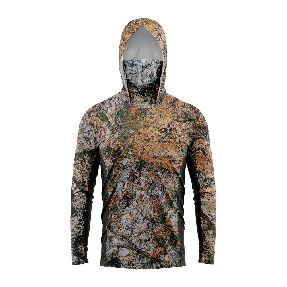 Men Camo Sun Protection Fishing Hoodie, Quick Dry UV Shirt With Face Mask