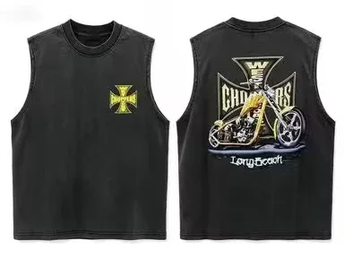 2026 new  Vintage Washed T-Shirt, Retro Chopper Motorcycle & Cross Graphic Print, Casual Loose Biker Streetwear Tank Top