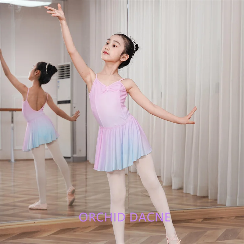 Hot Sale Breathable Kids Girls Children Ombre Colors 2 Layers Spandex Camisole Mesh Gymnastics Ballet Leotards Dance Wear Skirt