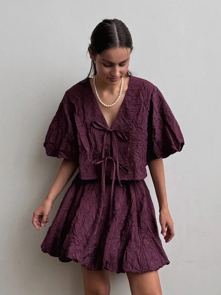 Marthqiqi Casual Female Nightgown Set V-Neck Pajamas Short Sleeve Nightie Lace Up Crop Top Nightwear Shorts Loose Sleepwear Suit